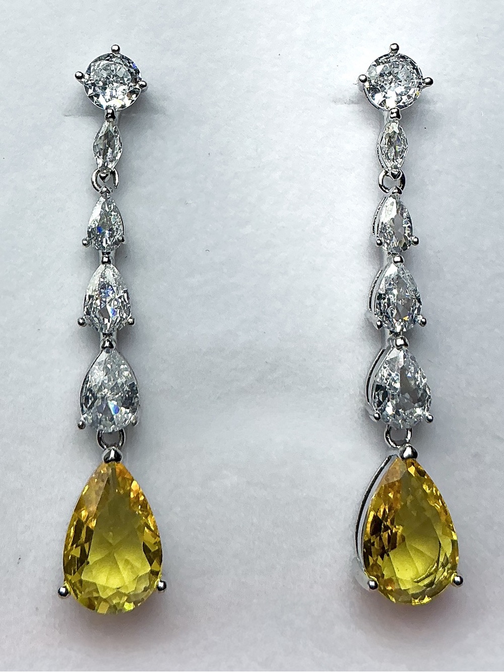Canary Yellow Pear Cut Crystal  Teardrop Long Earrings Silver Tone CZ